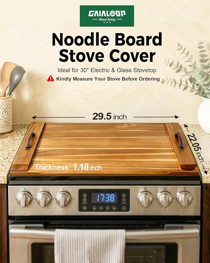 Gaialoop Noodle Board Stove Cover for Glass Top Electric Stove with Handles | Acacia wood stovetop cover adds counter space, elevates your kitchen, and protects most 30" glass top electric stoves