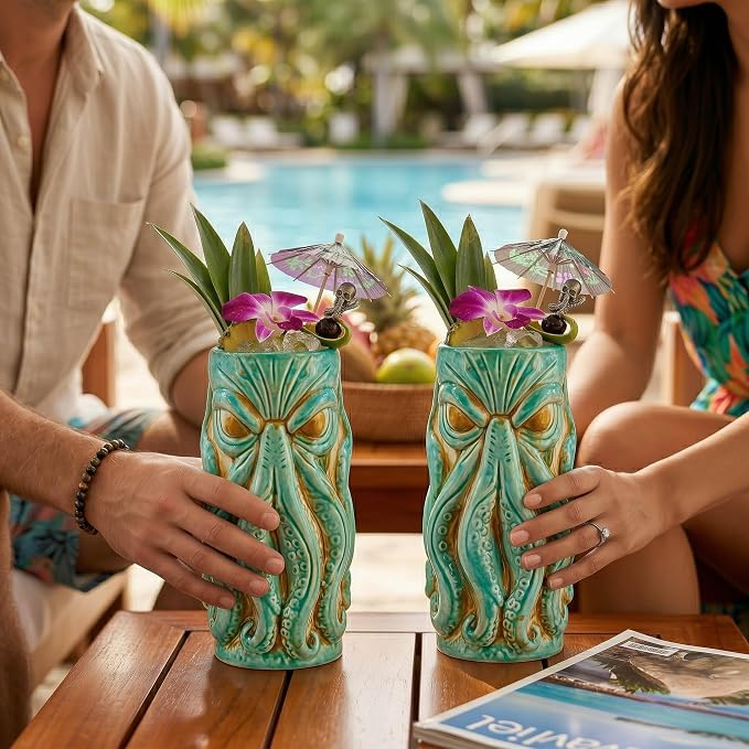 Kraken Ceramic Tiki Mug, 18 oz Hi Ball 4 pc Set