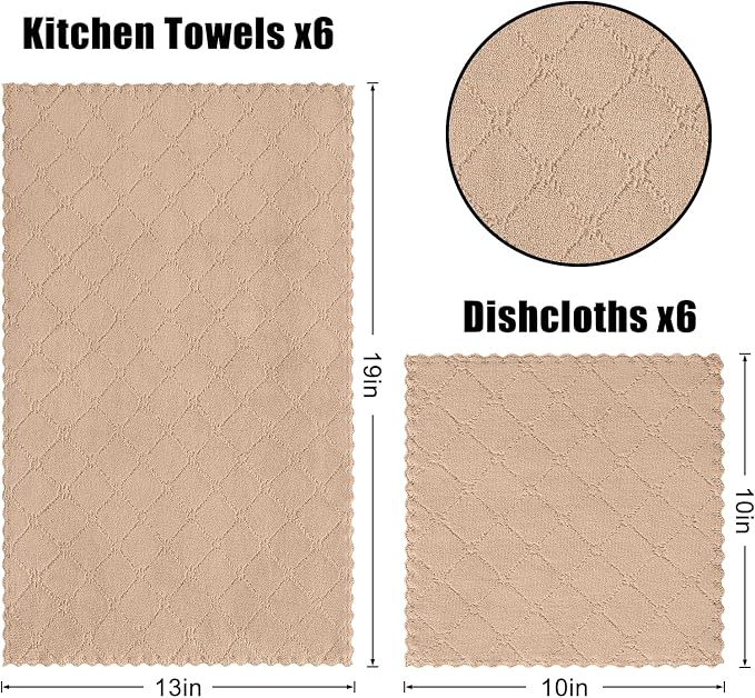 Homaxy Super Soft 12 Pack Kitchen Towels and Dishcloths Set, Tan | Ultra-Absorbent, 10 x 10 and 13 x 19 Inches, Coral Velvet, No Lint, Nonstick Oil, Fast Drying, Microfiber Cleaning Cloth