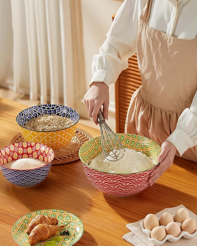 Metahom Ceramic Mixing Bowls for Kitchen, Colorful Nesting Bowls, Large Serving Bowls for Prepping, Baking, Mixing, Salad, Microwave Dishwasher Safe, 3.7/2.3/1.4 Qt, Set of 3