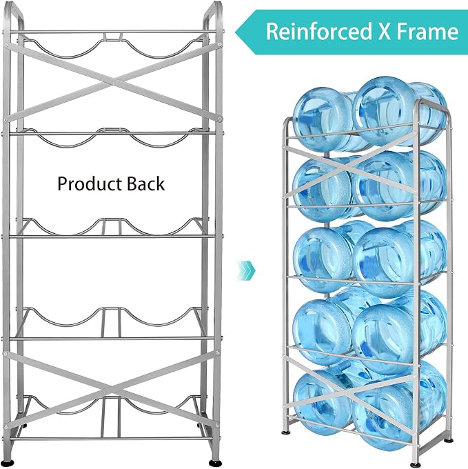 5 Gallon Water Bottle Holder for 10 Bottles, 5 Tiers Heavy-Duty Water Cooler Jug Rack with Reinforcement Frame for Kitchen Office, Silver Grey