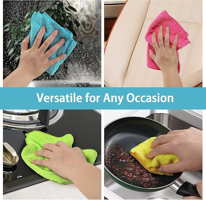 HOMEXCEL 50PK Microfiber Cleaning Cloth, Cleaning Rag for Home, 11.5x11.5in | Reusable, Lint Free, Scratch-Free and Highly Absorbent Towels for Kitchen, Window and Glass, Cars (Green/Blue/Yellow/Pink)