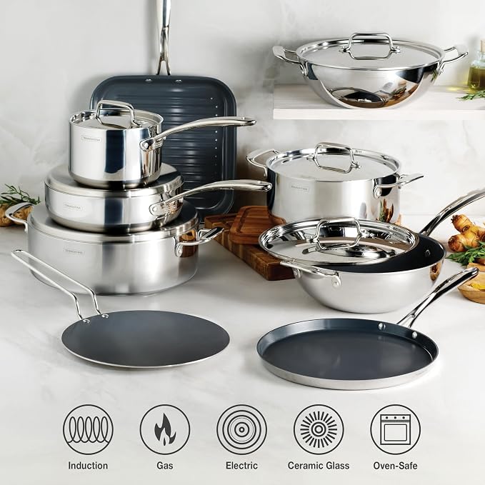 Tramontina Utsava Tri-Ply Clad Stainless Steel 1.8-Quart Kadai with Lid | Ceramic Non Stick Interior, Induction-Ready Small Kadhai Pot for Indian Cooking