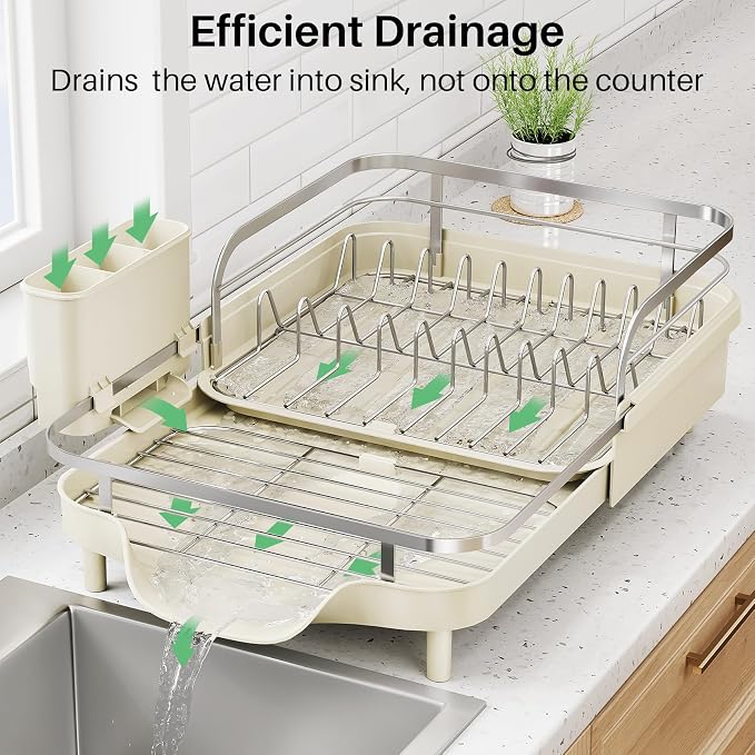 SNTD Expandable Dish Drying Rack for Kitchen Counter, 15.2-22.1 in, Beige | Rust-Resistant Stainless Steel, Protective Side Rails, Self-Draining Drainboard, Removable Utensil Holder