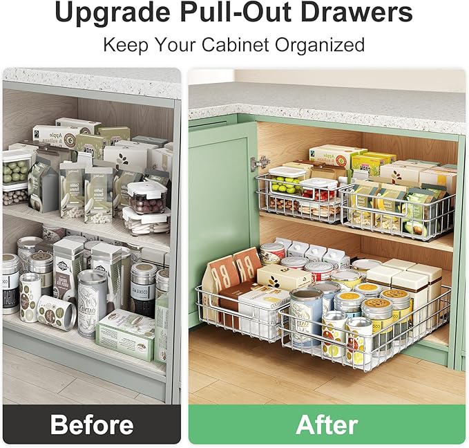 Pull out Cabinet Organizer, Stainless Steel 2-Pack (9.8"W x 16.5"D) Full-Extension Slide out Drawer, Adhesive Roll out Can Spice Storage Basket Shelf Rack for Pantry, Kitchen, Bathroom, Home Closet