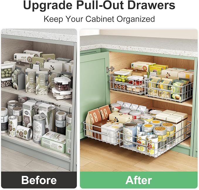 Pull out Cabinet Organizer, Stainless Steel 1-Pack (9.8"W x 16.5"D) Full-Extension Slide out Drawer, Adhesive Roll out Can Spice Storage Basket Shelf Rack for Pantry, Kitchen, Bathroom, Home Closet