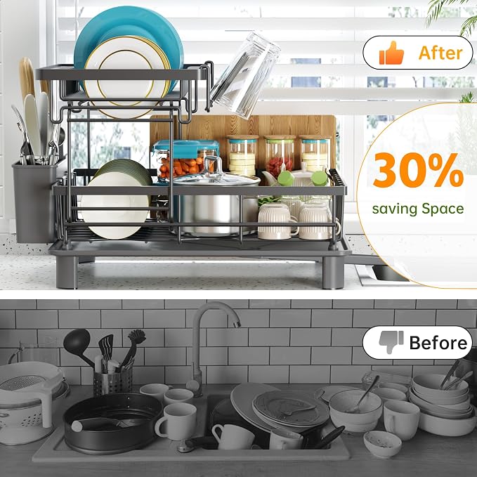 2 Tier Large Detachable Dish Drying Rack for Kitchen Counter, Gray | Compact Dish Drainer Organizer, Rust-Resistant, Space-Saving Dish Rack with Drainboard, Utensil Holder, Kitchen Organizer