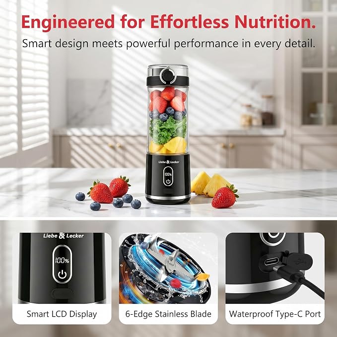 Liebe&Lecker Blender Bottle, Cordless Portable Blender | 17-Oz juicer machines Travel Cap, Removable Vessel with Smart LCD Display, Suitable for Outdoor Picnics, and Gym, Zero BPA