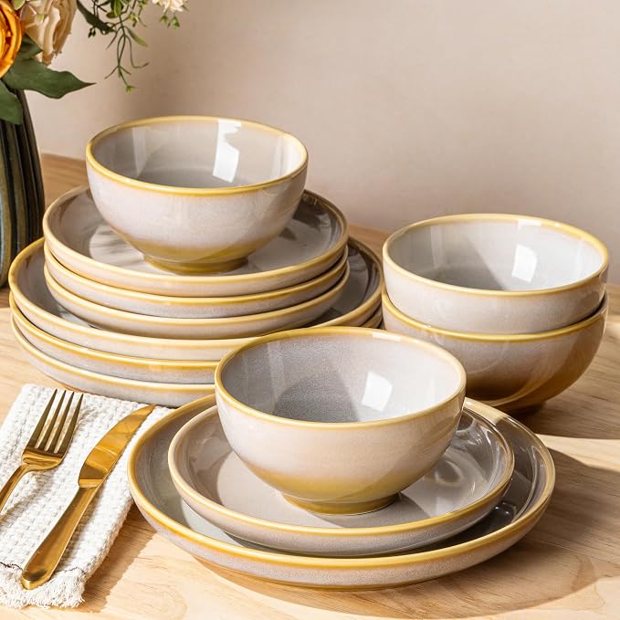 Ceramic Dinnerware Set for 4, 12-Piece Plates and Bowls Set | Lightweight Porcelain Dish Set, Scratch Resistant, Oven & Microwave & Dishwasher Safe, Autumn Mist