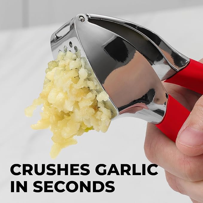 Zulay Kitchen Comfort Grip Garlic Press - Garlic Mincer Tool - Garlic Crusher - Garlic Press Mincer Rust Proof, with Soft Ergonomic Handle, Easy Clean Set with Peeler and Brush - Red