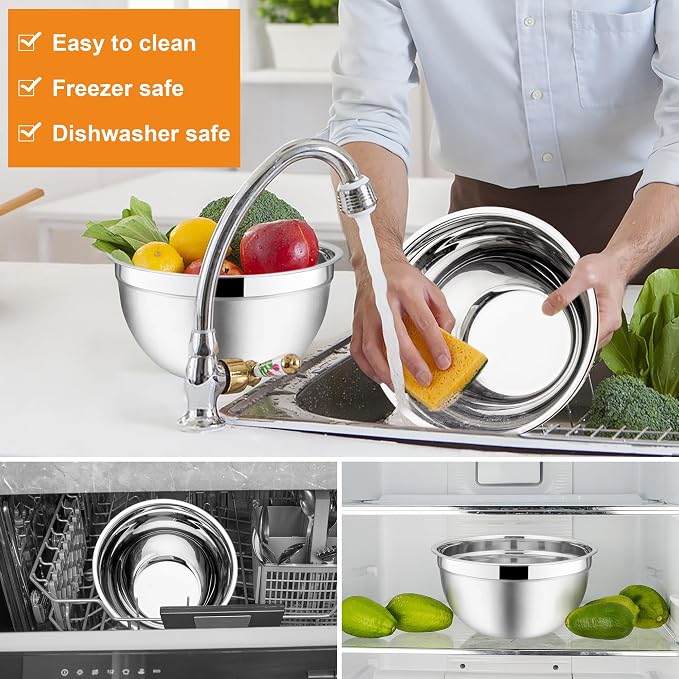 E-far Mixing Bowls with Lids Set, 6-Piece Stainless Steel Salad Bowls | Metal Nesting Cooking Bowls with Airtight Lid for Kitchen Storage, Baking & Prepping, Dishwasher Safe, 1.5/3/4.5 QT, Colorful