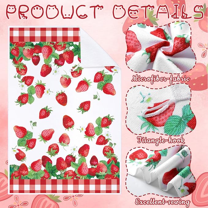 4 Pcs Strawberry Kitchen Towels Berry Hand Dish Towels Gift | Absorbent White Red Grid Tea Towel Fast Drying Housewarming Gift for Kitchen Bathroom Holiday Summer Strawberry Party Decor