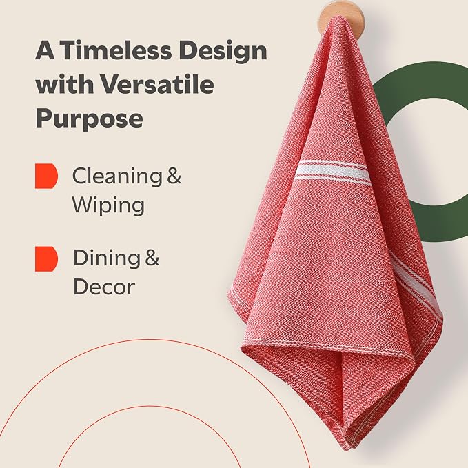Zeppoli Classic 15 Pack 100% Natural Cotton Kitchen Towel Set, Reusable Wash Cloths, Absorbent Dish Towels, Machine Washable Hand Towels, Kitchen Essentials - 14' by 25' - Red Base