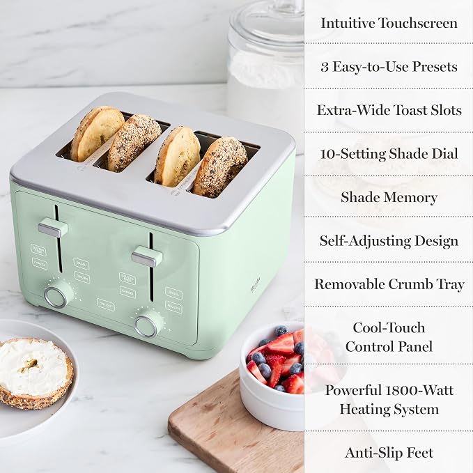 Martha Stewart 4-Slice Toaster, 3 Presets & 10 Shade Settings, Honeydew | Gluten-Free, Bagels, Extra-Wide Self Centering Slots, Waffles & Artisan Bread, Shade Memory, Cord Wrap & Removable Crumb Tray