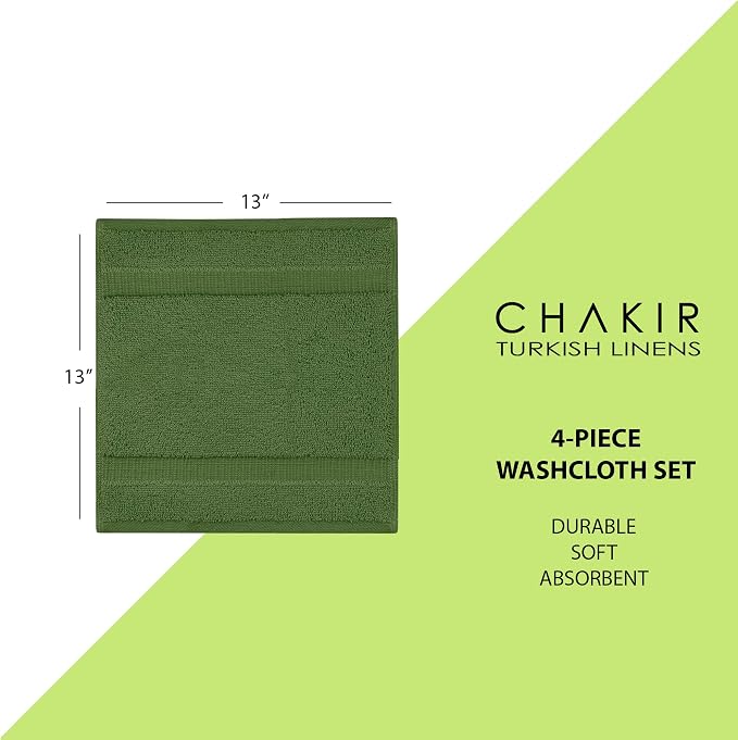 Chakir Turkish Linens 4 Piece Washcloth Set, 100% Cotton Luxury Turkish Washcloths for Bathroom, Soft Absorbent Washcloths, 13 x 13 Inches, Moss