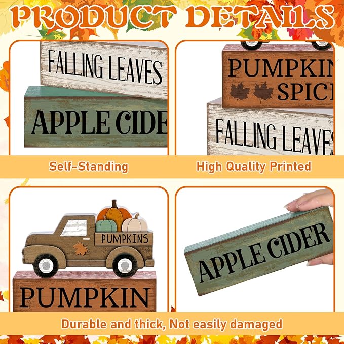 Lineshading 4 Pcs Fall Table Decoration for Home Fall Truck Decor | Rustic Pumpkin Truck Topper, Pumpkin Spice Falling Leaves Apple Cider Theme, Tabletop Shelf for Autumn Home Accent