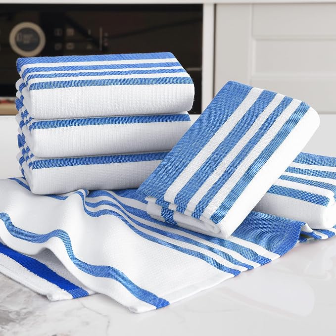 Homaxy Premium Cotton Stripe Kitchen Towels 6 Pack, 18"x 28", Blueberry | Large 380 GSM Kitchen Hand Towels, Soft Terry Dish Towels, Highly Absorbent Tea Towel Set with Hanging Loop