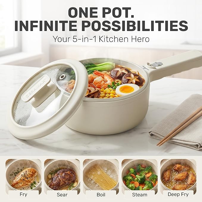 CERAMAX PRO 1.5L Electric Hot Pot with Lid & Steamer | Adjustable Temp, Non Toxic Ceramic Cooker Skillet for Ramen, Eggs, Pasta for Dorms, Camping, RV - New Improved 2026 Model