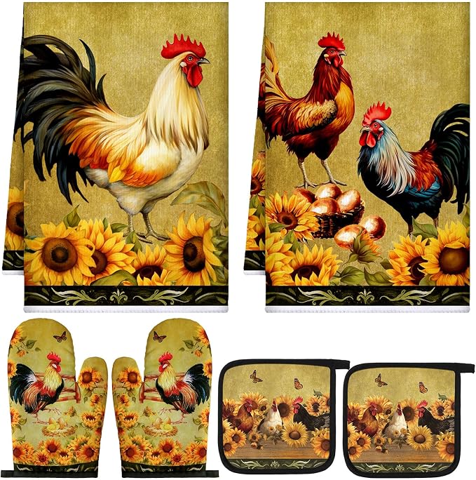 Leinuosen 6 Sunflower Rooster Farmhouse Kitchen Decor Dish Towels Oven Mitts and Pot Holders Sets Chicken Kitchen Towels Absorbent Decorative Accessories for Cooking Baking Grilling