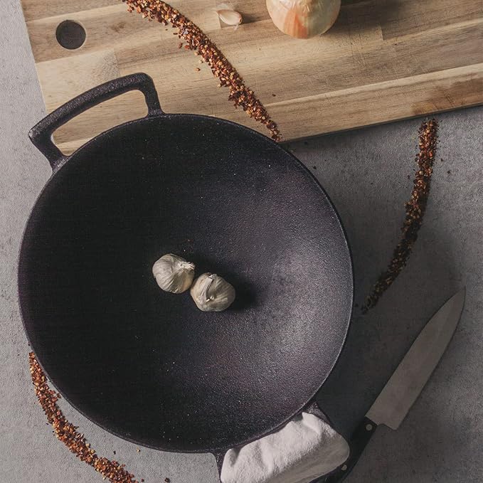 14 inch Cast Iron Wok with Flat Base and Handles