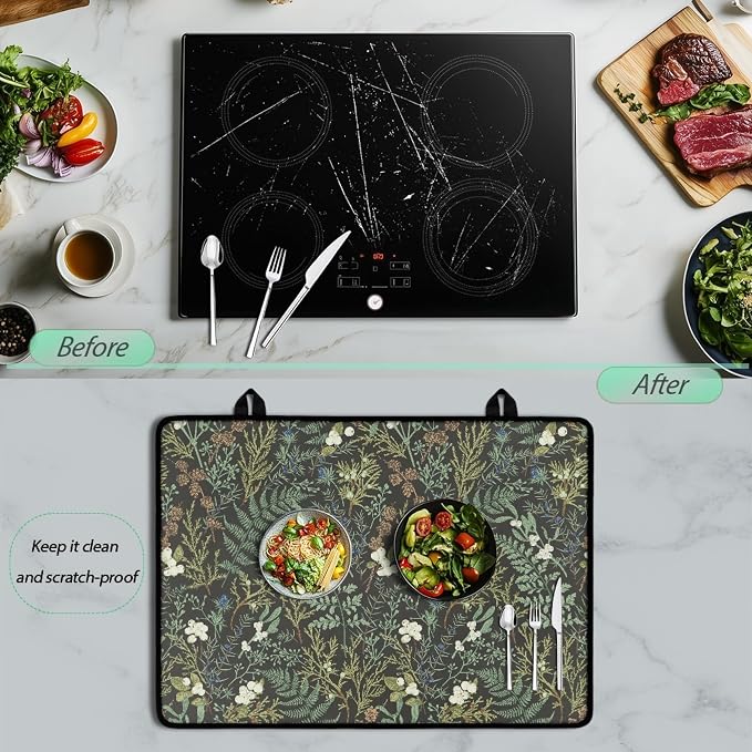 Botanical Print Stove Top Covers for Electric Stove Floral Black Sage Green Flower Plant Glass Top Gas Stove Pad Heat Resistant Range Cooktop Mat for Kitchen 28"x20"