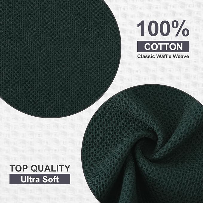 Kitinjoy Cotton Waffle 12-Pack Kitchen Towels, 12" x 12", Blackish Green | Ultra Absorbent, Super Soft, lightweight, Quick Drying Dish Rags for Washing Dishes