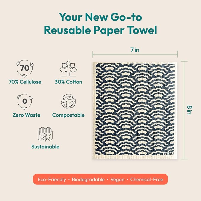 Swedish Dishcloths for Kitchen, 5 Pack, Neutrals | Reusable Paper Towels Washable, Non-Scratch Cellulose Sponge Cloths, No Odor, Biodegradable