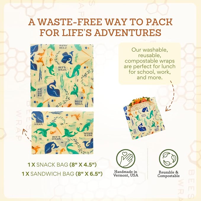 Bee's Wrap Beeswax Food Wraps, Snack Bag & Sandwich Wrap - Under the Sea | Organic Beeswax Wraps - Plastic Free - Reusable Food Storage - Sandwiches, Snacks & Lunches - Made in USA