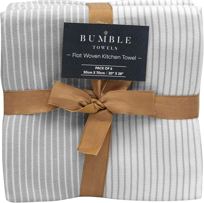 Premium Kitchen Towels 6 Pack 100% Cotton, 20"x28" - Grey | 238GSM Yarn Dyed Flat Woven Stripe Dish Towel for kitchen | Kitchen hand towels with Hanging Loop | Absorbent Linen set