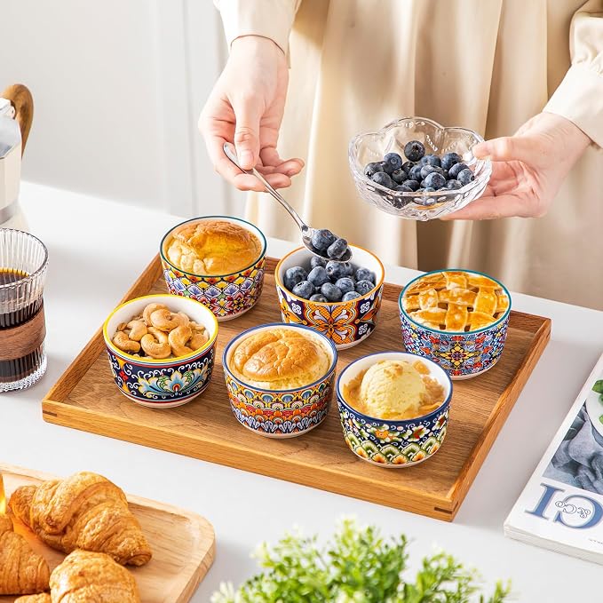 vancasso 6 Oz Ramekins Oven Safe Set of 6, Ceramic Baking Souffle Dishes | Bohemian Ramekins for Creme Brulee, Souffle, Custard, Pudding, Small Bowls for Dipping Sauce, Ice Cream