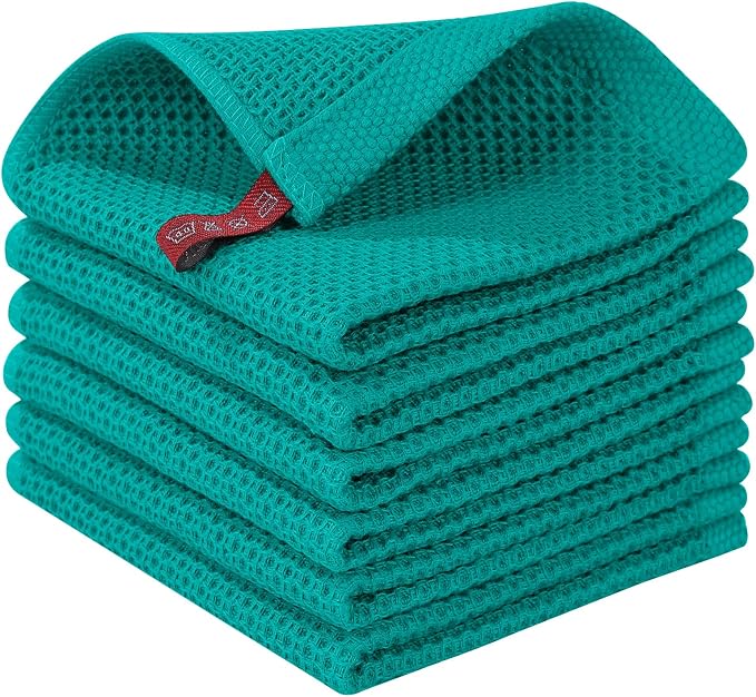 Homaxy 100% Cotton Waffle Weave Kitchen Dish Cloths 6-Pack, Teal | 12 x 12 Inches, Ultra Soft Absorbent Dish Towels, Quick Drying Dish Rags with Hanging Loop
