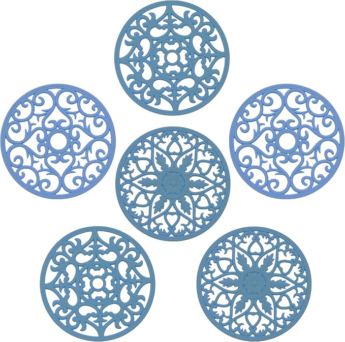 Silicone Trivets Mats for Hot Pots and Pans, Multi Purpose Trivets Mat -Heat Resistant Silicone Trivet Intricately Carved Hot Pads Set of 6 Blue
