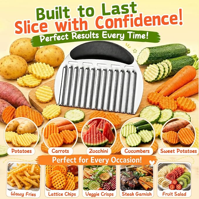 JAYVAR Large Crinkle Cutter French Fry Cutter, Stainless Steel Wavy Slicer | Large Crinkle Potato Slicer Wavy Chopper, Crinkle Cutting Chopping Tools with Handle