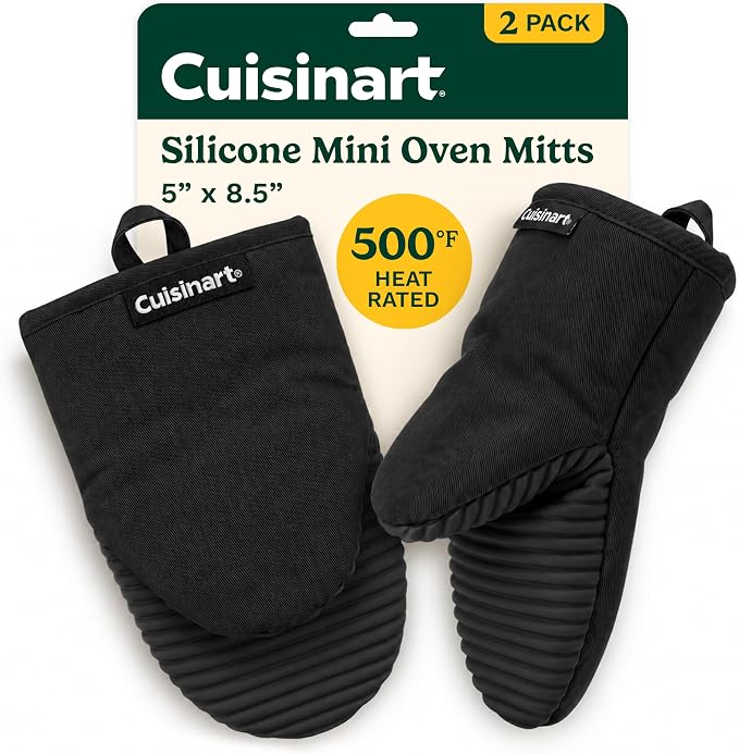 Cuisinart Mini Oven Mitts, 2-Pack 5"x8.5", Heat Resistant 500F | Compact pot holder for baking, air fryer, and cookware, silicone non-slip grip, hanging loop, fits either hand, wipes clean