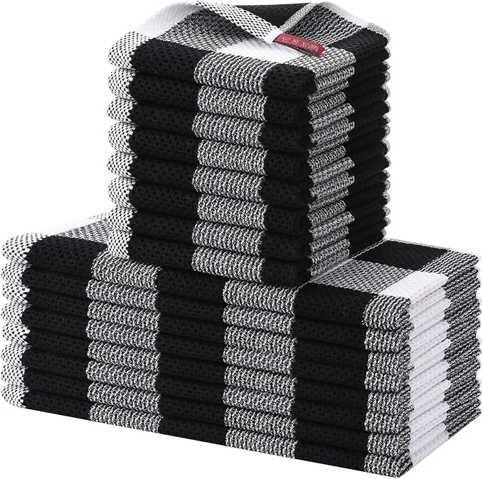 Homaxy Kitchen Towels and Dishcloths Set, Set of 16, White & Black | Bulk Cotton Waffle Weave Check Plaid Kitchen Towels, Super Soft and Absorbent Dish Cloths, 12 x 12 and 13 x 28 Inches