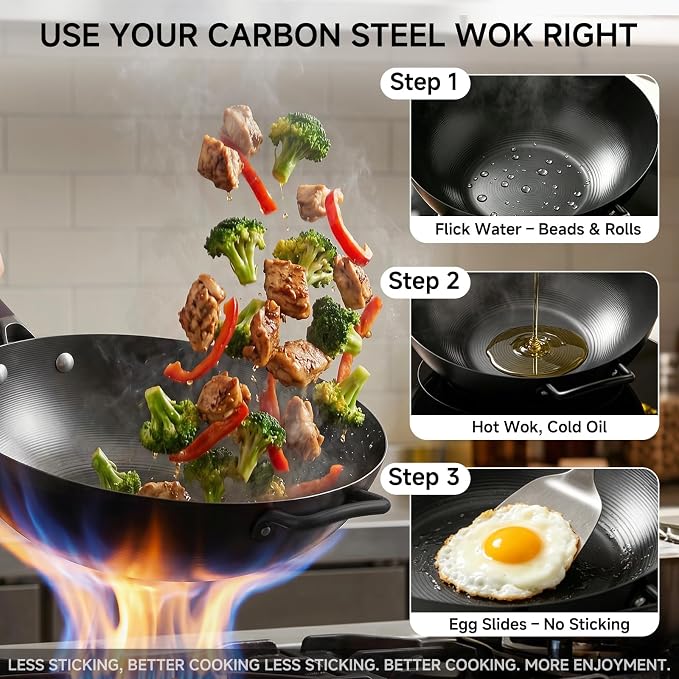 13.5" Carbon Steel Wok Pan - Pre-Seasoned Flat Bottom Woks & Stir-fry Pans Chinese Cookware with Lid & Spatula - For Pan-fry,Stir Fry, Steam, BBQ & Camping - Compatible with Induction, Gas