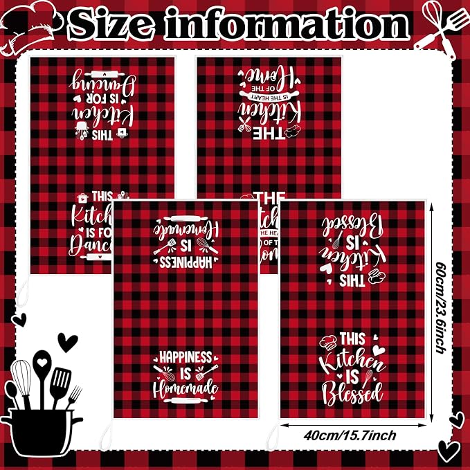 4 Pcs Red Black Kitchen Towels Happiness Dish Towels Gifts | Heart of the Home Decorative Hand Tea Dishcloths with Hanging Loop Housewarming Gift for Home Funny Kitchen Decor Accessories