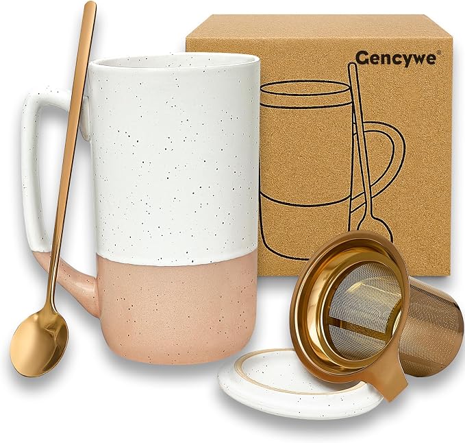 Gencywe Ceramics Large Tea Cup with Loose Leaf Infuser, Spoon and Lid, 16 oz Tall Coffee Mug, Microwave and Dishwasher Safe, Rustic Matte Ceramic Glaze, Tea Strainer (Pink)
