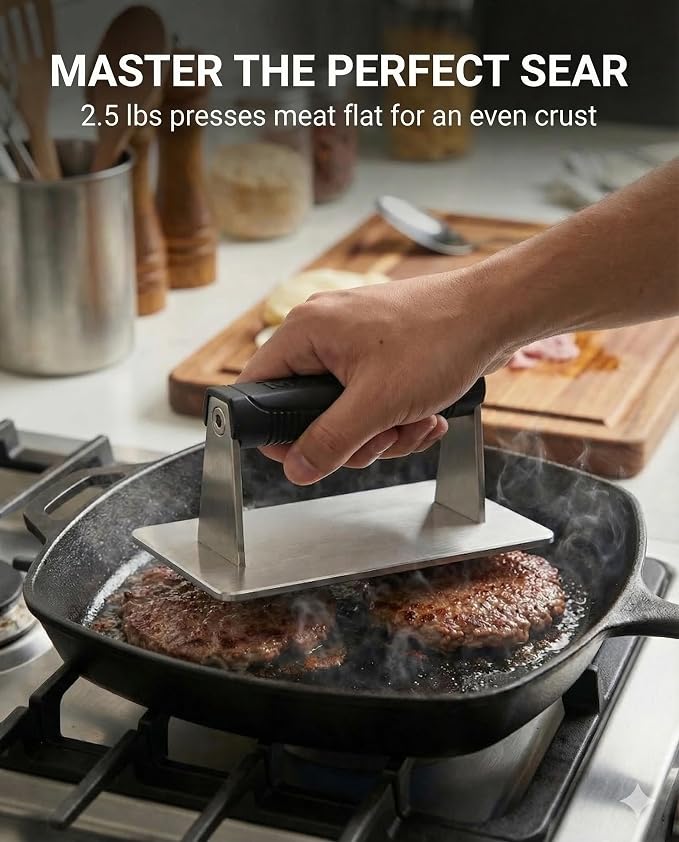 Smash Burger Press, Dishwasher Safe, 8 x 4.25 in, 2.5 lb | Rectangular bacon press with silicone handle, preheatable stainless steel for barbecue and flat top griddle fans