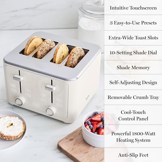 Martha Stewart 4-Slice Toaster, 3 Presets & 10 Shade Settings, Linen Cream | Gluten-Free, Bagels, Extra-Wide Self Centering Slots, Waffles & Artisan Bread, Shade Memory, Cord Wrap & Removable Crumb Tray