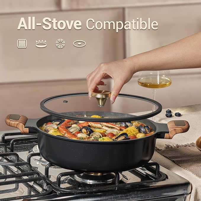 CAROTE 4.5Quart Stock Pot with Lid, Non Toxic Ceramic Soup Pot, Nonstick Cooking Pot, PFAS Free, Dishwasher Safe, Even Heating, Compatible with All Stoves, Charcoal Black