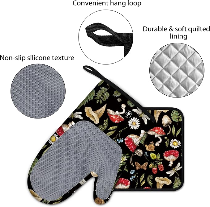 Mushroom Oven Mitts and Pot Holders Sets of 4 Heat Resistant Silicone Oven Mitts Gloves Non-Slip Kitchen Mittens Potholders for Cooking Baking Grilling BBQ