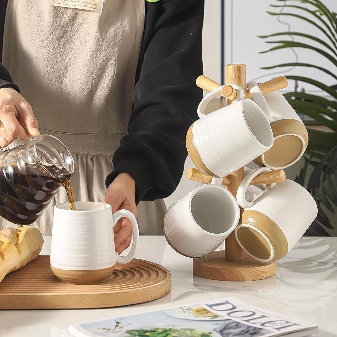 HASENSE Porcelain Coffee Mugs Set of 6, 15 Ounce Large Ceramic Coffee Cups Set with Handle for Latte, Tea, Cocoa and Hot Chocolate, White Coffee Mugs for Men and Women, Microwave Safe