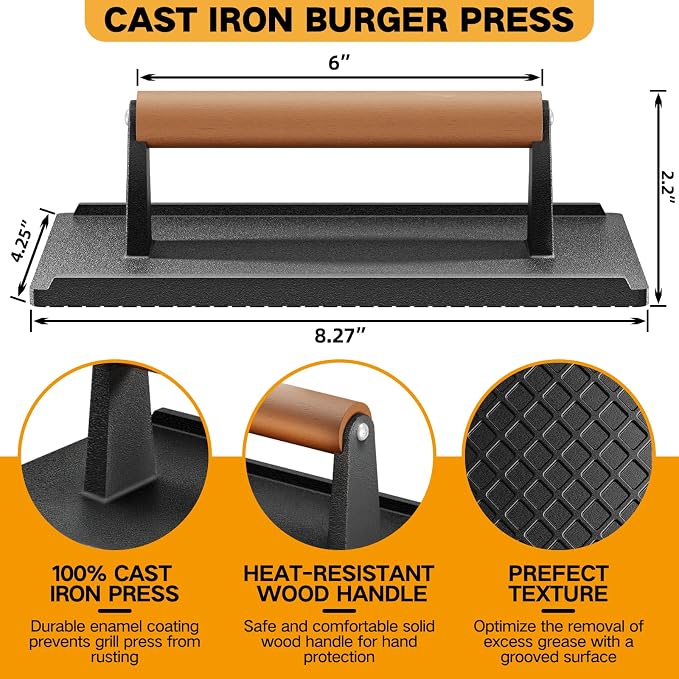 Yoehka Cast Iron Grill Press, 2Pcs Heavy Duty Bacon Press with Wood Handle | Cooking Weight, Griddle/Chef Press, Perfectly Grilled Burger/Steak/Meat/Sandwich/Panini, Rectangle