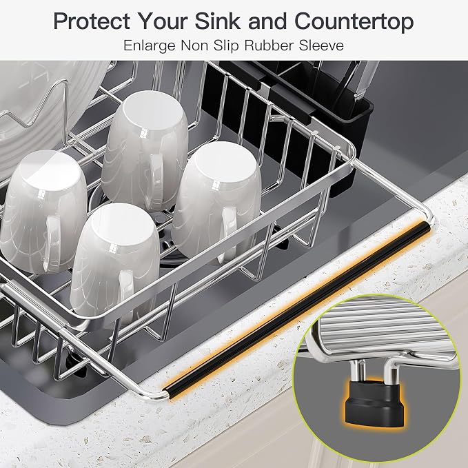 JASIWAY Expandable Dish Drying Rack Over the Sink with Utensil Holder | Stainless Steel Adjustable Dish Driainers for Small Kitchen, Counter Space Saving, Fast Drain, Rustproof, For Apartment, RV