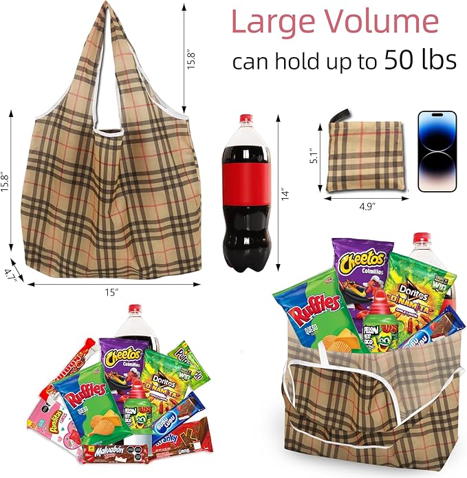 Foldable Reusable Shopping Bags,6 Pack Heavy Duty Tote for Grocery | Lightweight Polyester, machine washable. Compact fold fits in purse. Sturdy 50lb capacity. Great for groceries&travel,Beach
