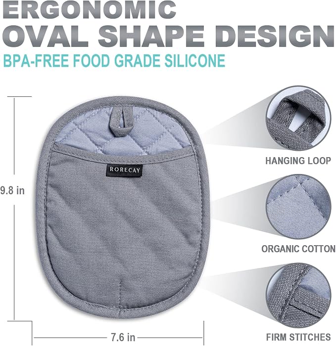 RORECAY 2-Pack Silicone Pot Holders for Kitchen, Hot Pads with Pocket, Gray | Heat Resistant up to 500°F, Quilted Cotton Potholders, Non-Slip & Waterproof Trivets for Hot Pots, Pans, and Countertops