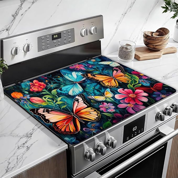 Watercolor Butterfly Floral Stove Top Covers for Electric Stove, Electric Gas Stove Pad Heat Resistant Range Cooktop Protector for Home Decor Kitchen 28"x20"
