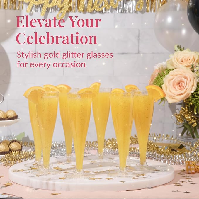 Prestee 48 Pack Champagne Flutes Plastic Disposable - Gold Glitter Flute Glasses for Champagne, Mimosa Bar, New Year's Eve 2025 Party Supplies, Wedding, Shower, Event - 4.5 oz Fairy Stemware