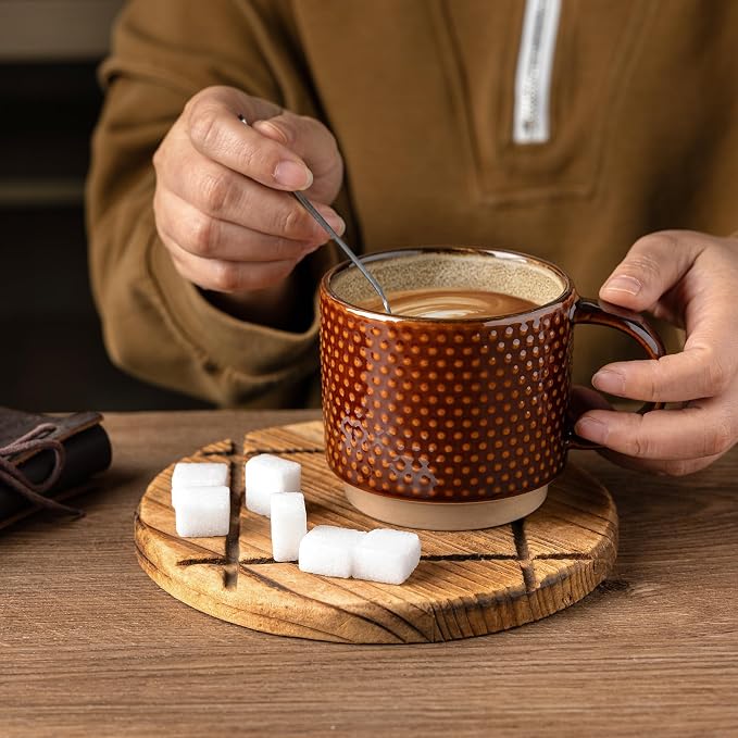 GBhome 12 OZ Stackable Coffee Mugs Set of 4, Ceramic Coffee Cups Set | 4 Assorted Designs, Embossed Mugs with Texture Patterns for Tea/Coffee, Dishwasher&Microwave Safe, Caramel